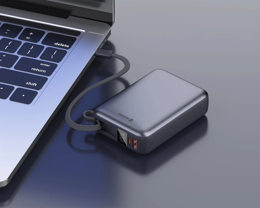 „Swissten“ išorinė baterija 20000 mAh 45 W su integruotu USB-C laidu
