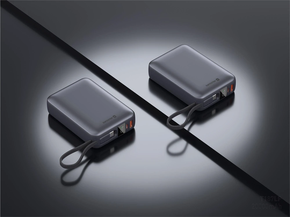 „Swissten“ išorinė baterija 20000 mAh 45 W su integruotu USB-C laidu