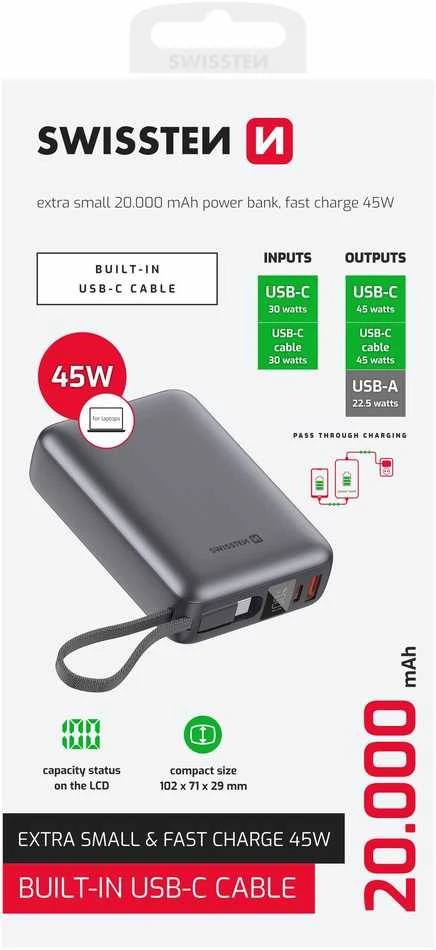 „Swissten“ išorinė baterija 20000 mAh 45 W su integruotu USB-C laidu