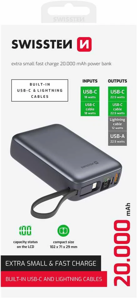 „Swissten“ išorinė baterija 20000 mAh su integruotais USB-C ir „Lightning“ laidais
