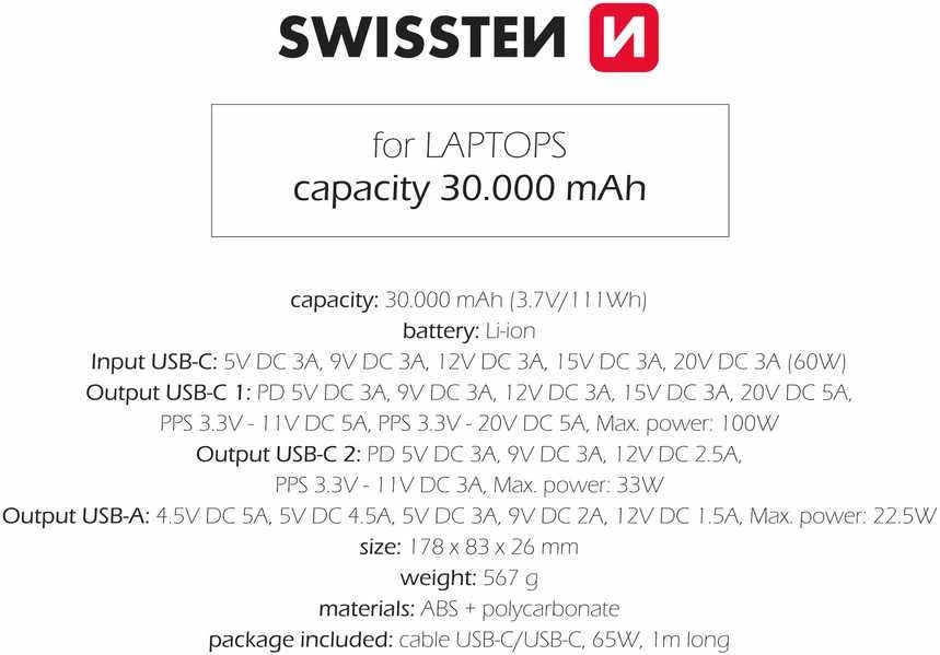 Powerbank Swissten Swissten Power Bank 133W 30000 mAh