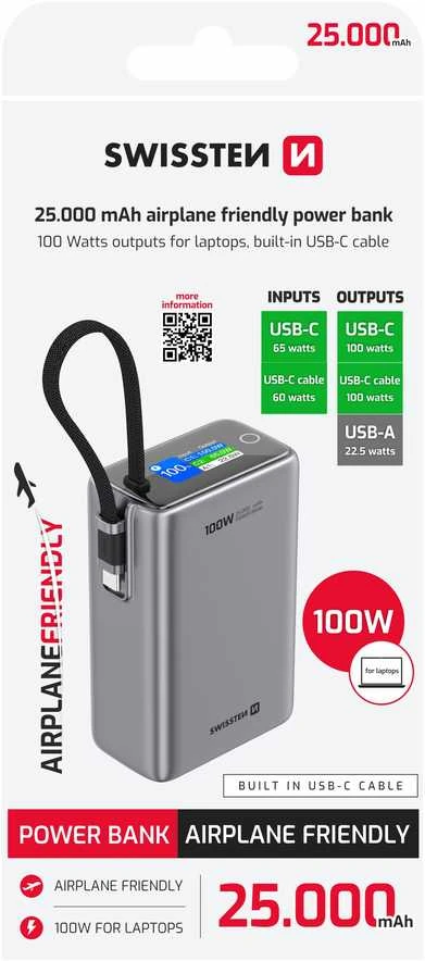 „Swissten“ išorinė baterija 25000 mAh (96,25 Wh) 100 W su integruotu USB-C laidu