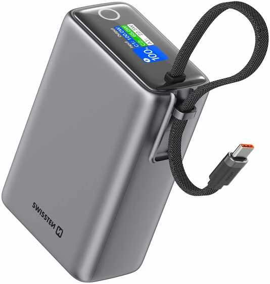 „Swissten“ išorinė baterija 25000 mAh (96,25 Wh) 100 W su integruotu USB-C laidu