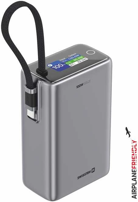 „Swissten“ išorinė baterija 25000 mAh (96,25 Wh) 100 W su integruotu USB-C laidu
