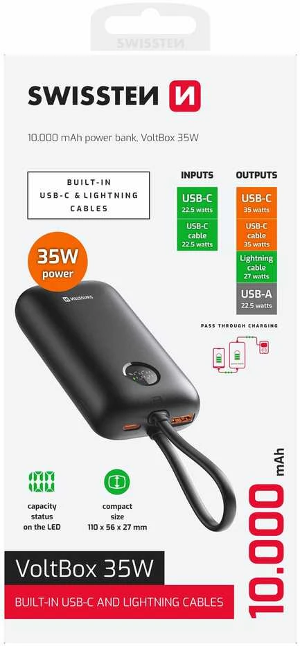„Swissten Voltbox“ 35 W išorinė baterija, 10000 mAh, su integruotais USB-C ir „Lightning“ laidais