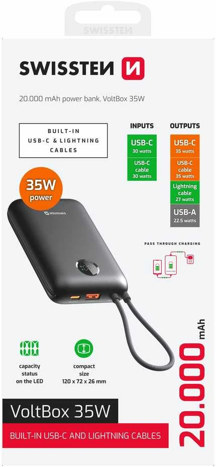 „Swissten Voltbox“ 35 W išorinė baterija, 20000 mAh, su integruotais USB-C ir „Lightning“ laidais