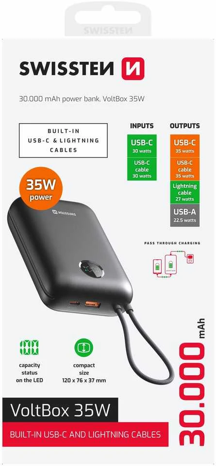 „Swissten Voltbox“ 35 W išorinė baterija (30000 mAh) su integruotais USB-C ir „Lightning“ laidais