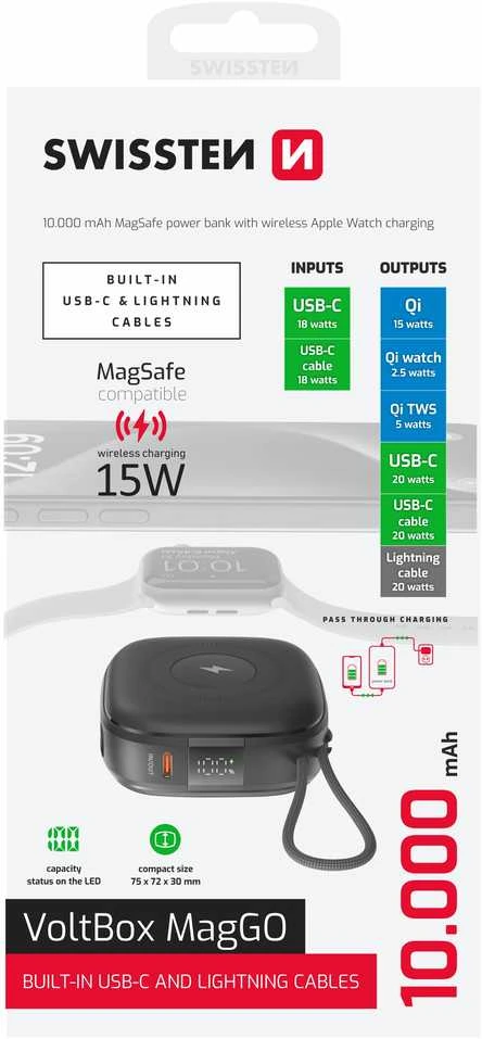 „Swissten“ išorinė baterija „Voltbox MagGO“ su integruotais laidais / „Magsafe“ / „Apple Watch“
