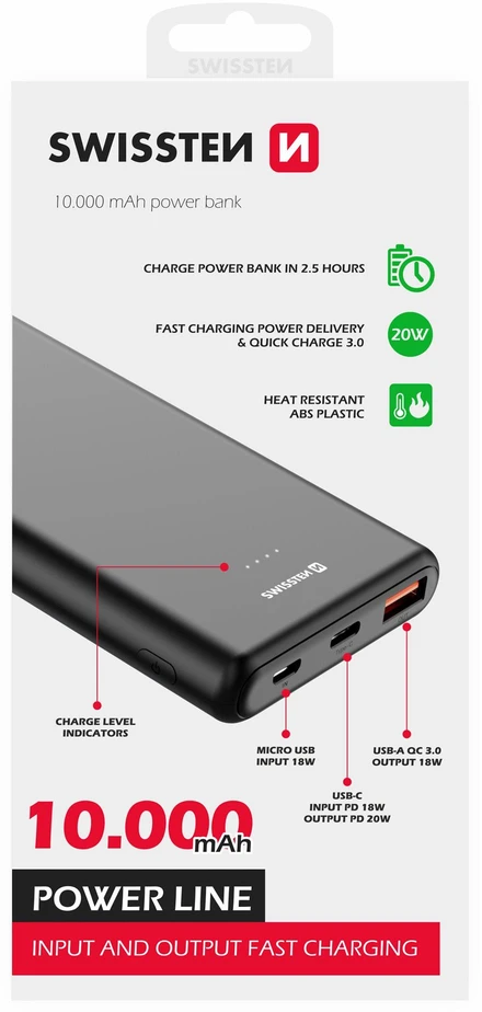 Swissten Power Bank 10000 mAh 20W Power Delivery juoda