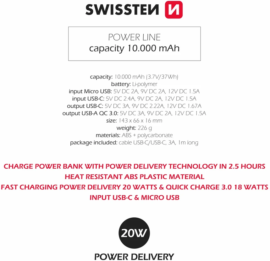 Swissten Power Bank 10000 mAh 20W Power Delivery juoda