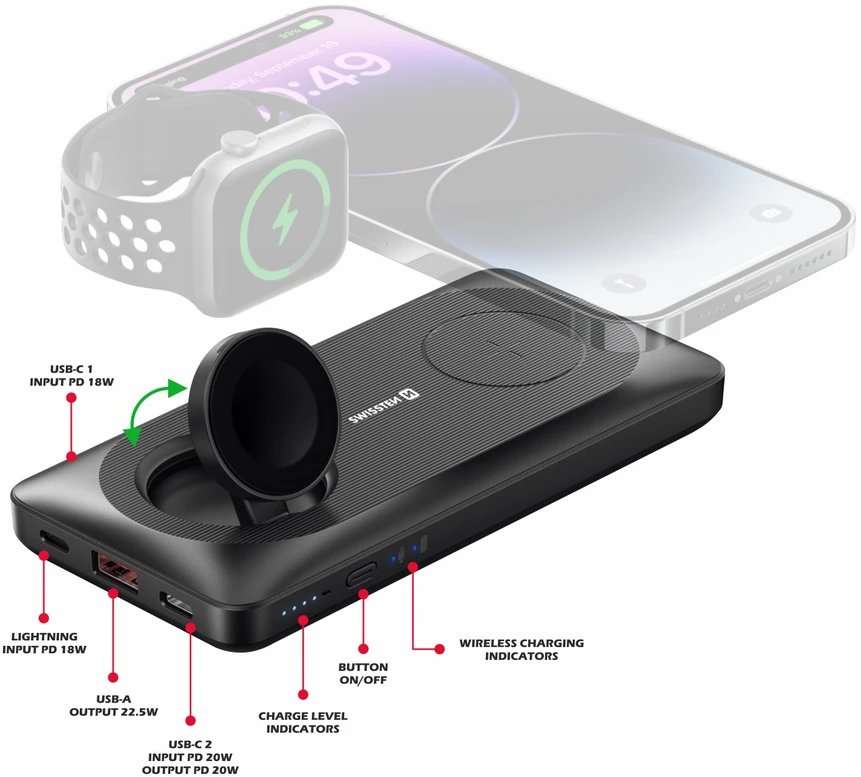 Swissten 10000 mAh 2w1 su Apple Watch ir Magsafe