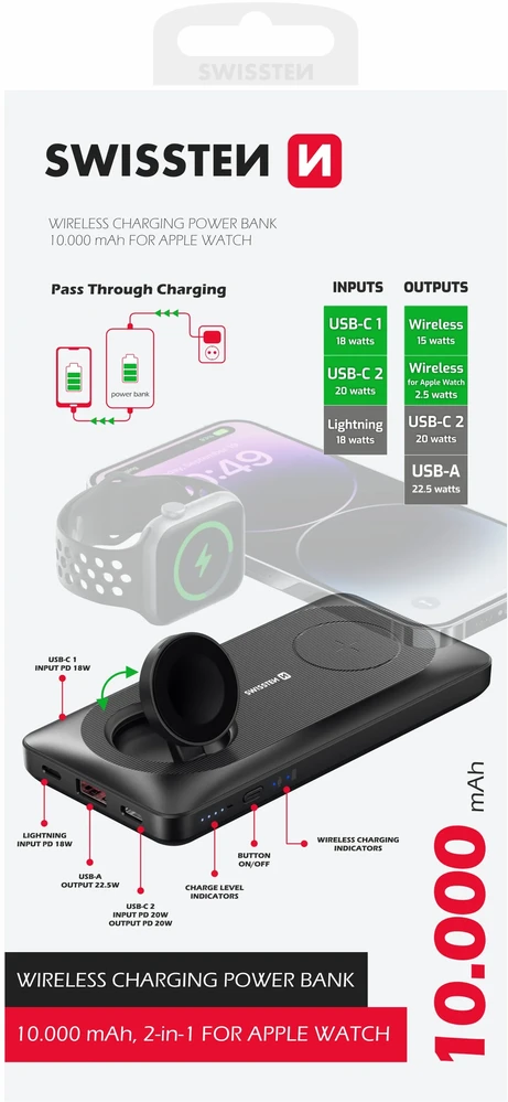 Swissten 10000 mAh 2w1 su Apple Watch ir Magsafe
