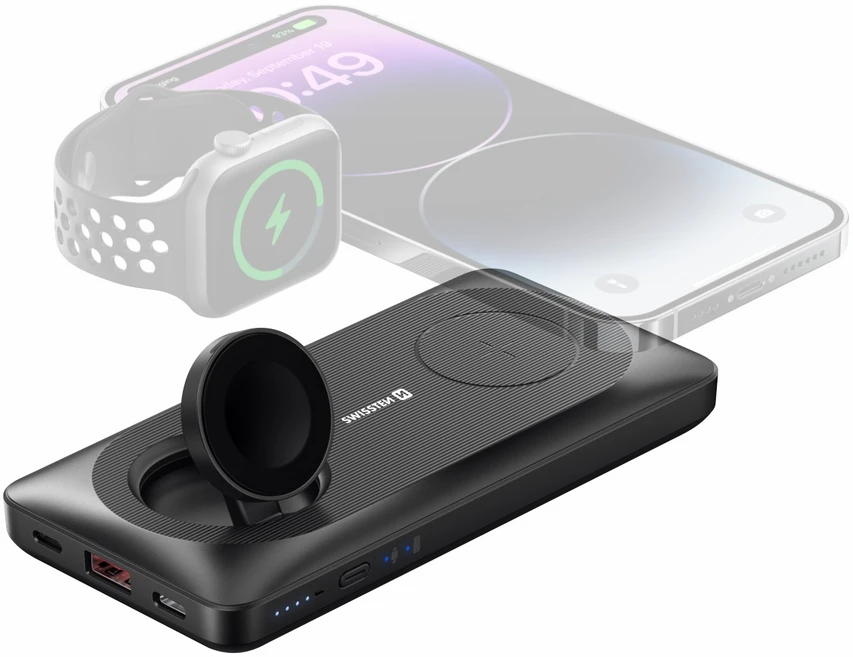 Swissten 10000 mAh 2w1 su Apple Watch ir Magsafe