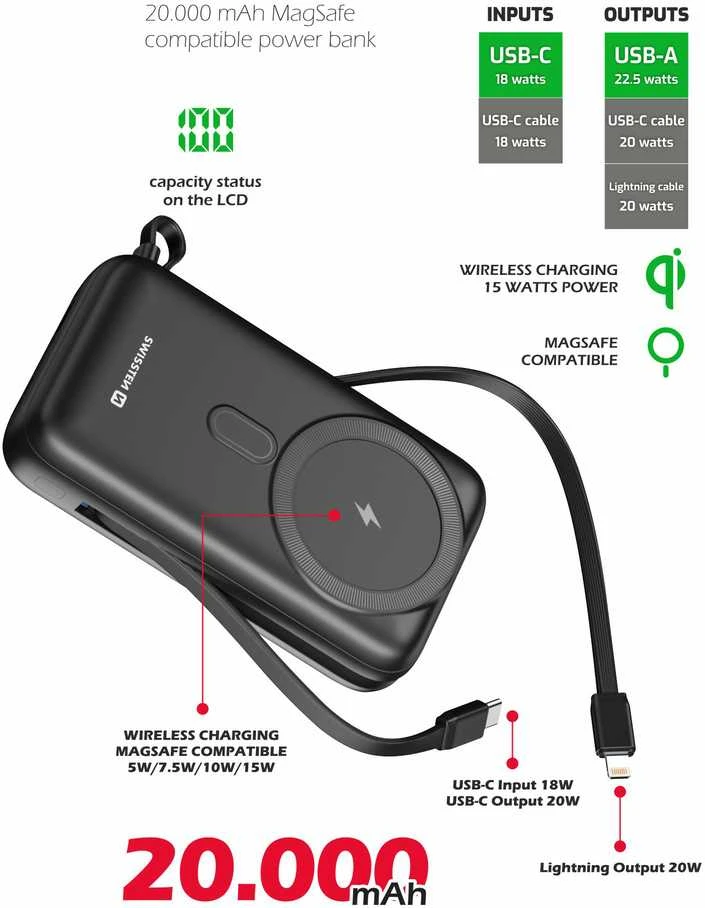 SWISSTEN Nešiojamasis įkroviklis "Powerbank" 20000 mAh PD 20W su integruotu USB-C ir „Lightning“ laidu (suderinama su „MagSafe“) 22013934