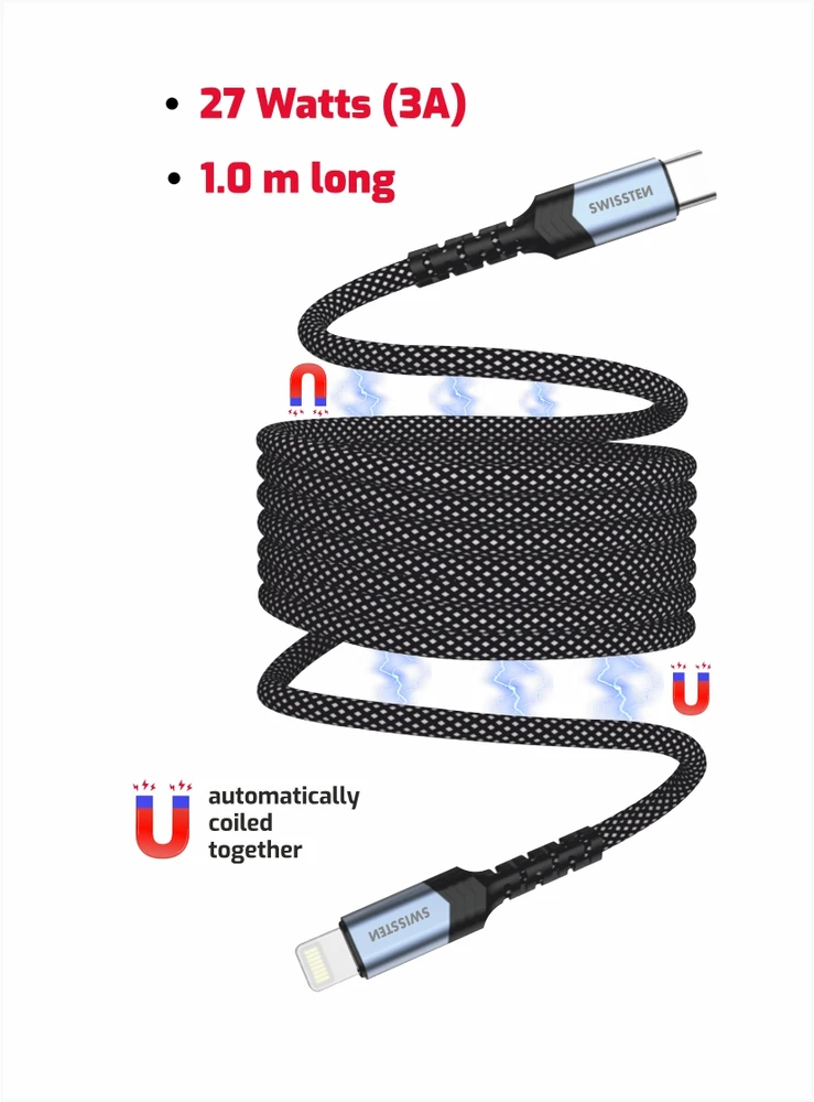 „Swissten“ magnetinis savaime apvyniojamas USB-C / „Lightning“ duomenų kabelis 1 m