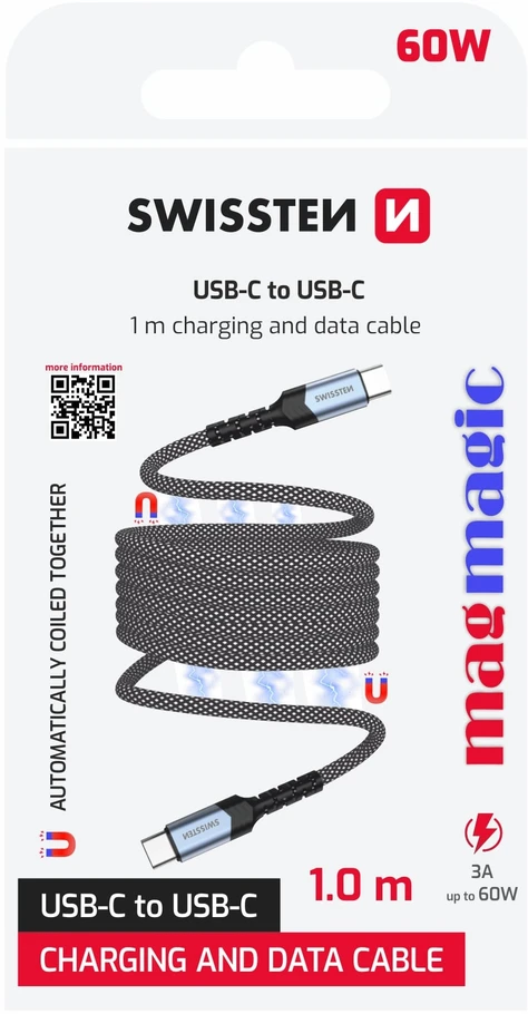 „Swissten“ magnetinis USB-C duomenų kabelis, savaime apsisukantis 60 W 1 m