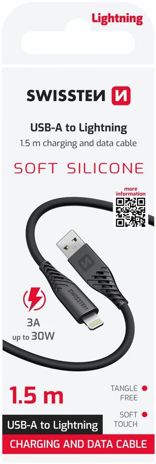 Swissten minkštas silikoninis duomenų kabelis USB / Lightning 1,5 m / 60 W