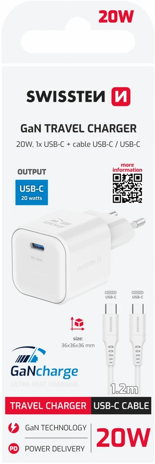 SWISSTEN Tinklo adapteris GaN USB-C + duomenų kabelis USB-C - USB-C 20W 1,2 m baltas