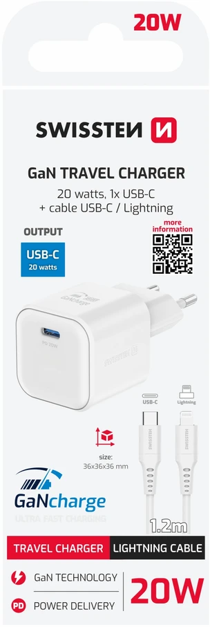„Swissten“ kelioninis įkroviklis GaN USB-C 20 W PD + duomenų kabelis USB-C – „Lightning“ 1,2 m