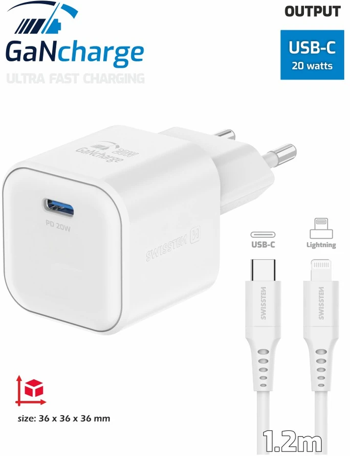 „Swissten“ kelioninis įkroviklis GaN USB-C 20 W PD + duomenų kabelis USB-C – „Lightning“ 1,2 m