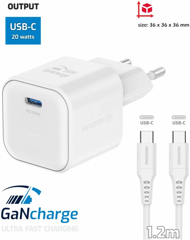 SWISSTEN Tinklo adapteris GaN USB-C + duomenų kabelis USB-C - USB-C 20W 1,2 m baltas