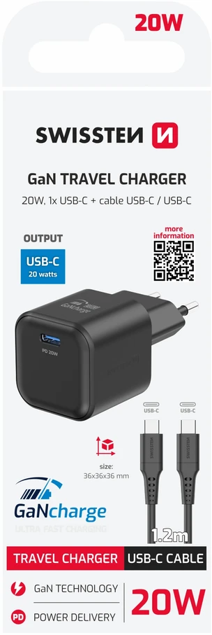 SWISSTEN Síťový adaptér GaN USB-C + datový kabelis USB-C - USB-C 1.2m juoda