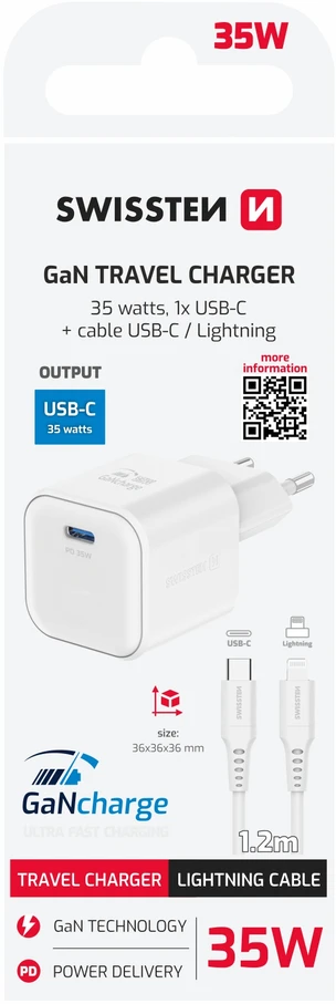 „Swissten“ kelioninis įkroviklis GaN USB-C 35 W PD + duomenų kabelis USB-C – „Lightning“ 1,2 m