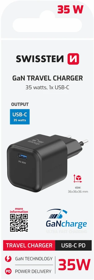 Swissten Kelioninis įkroviklis GaN USB-C 35W PD