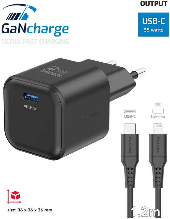 „Swissten“ kelioninis įkroviklis GaN USB-C 35 W PD + duomenų kabelis USB-C – „Lightning“ 1,2 m