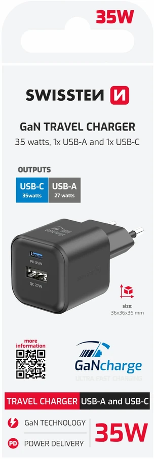 Swissten kelioninis įkroviklis GaN USB-C 35W PD / USB-A 27W QC
