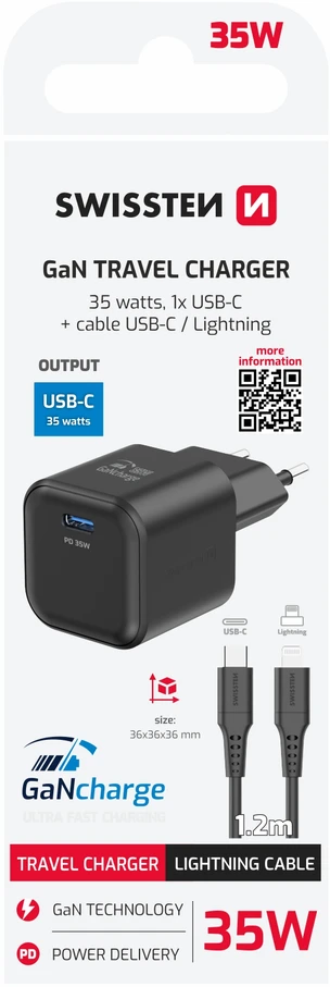 „Swissten“ kelioninis įkroviklis GaN USB-C 35 W PD + duomenų kabelis USB-C – „Lightning“ 1,2 m