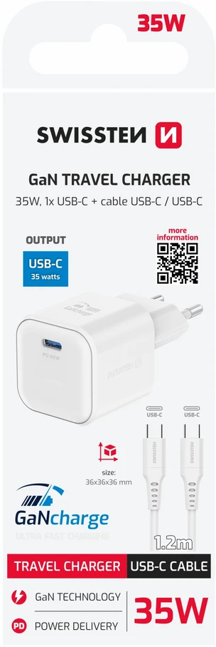 „Swissten“ kelioninis įkroviklis GaN USB-C 35 W PD + duomenų kabelis USB-C - USB-C 1,2 m