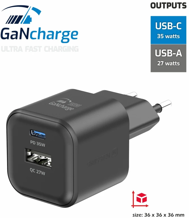 Swissten kelioninis įkroviklis GaN USB-C 35W PD / USB-A 27W QC