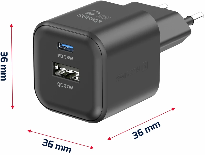 Swissten kelioninis įkroviklis GaN USB-C 35W PD / USB-A 27W QC