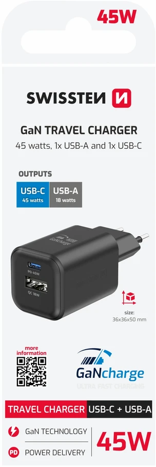 Swissten kelioninis įkroviklis GaN USB-C / PD USB-A / 18W QC / 45W