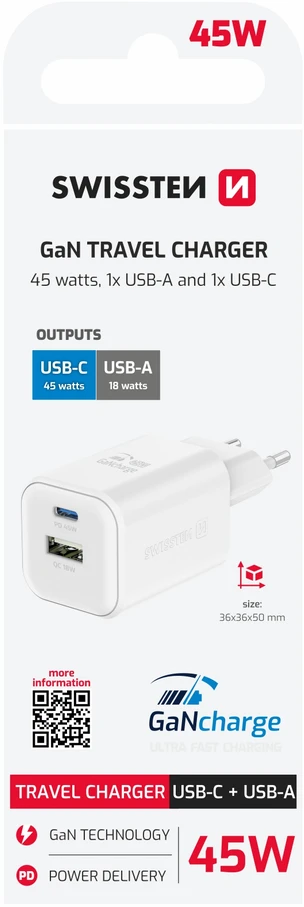Swissten kelioninis įkroviklis GaN USB-C / PD USB-A / 18W QC / 45W