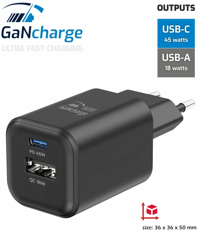 Swissten kelioninis įkroviklis GaN USB-C / PD USB-A / 18W QC / 45W