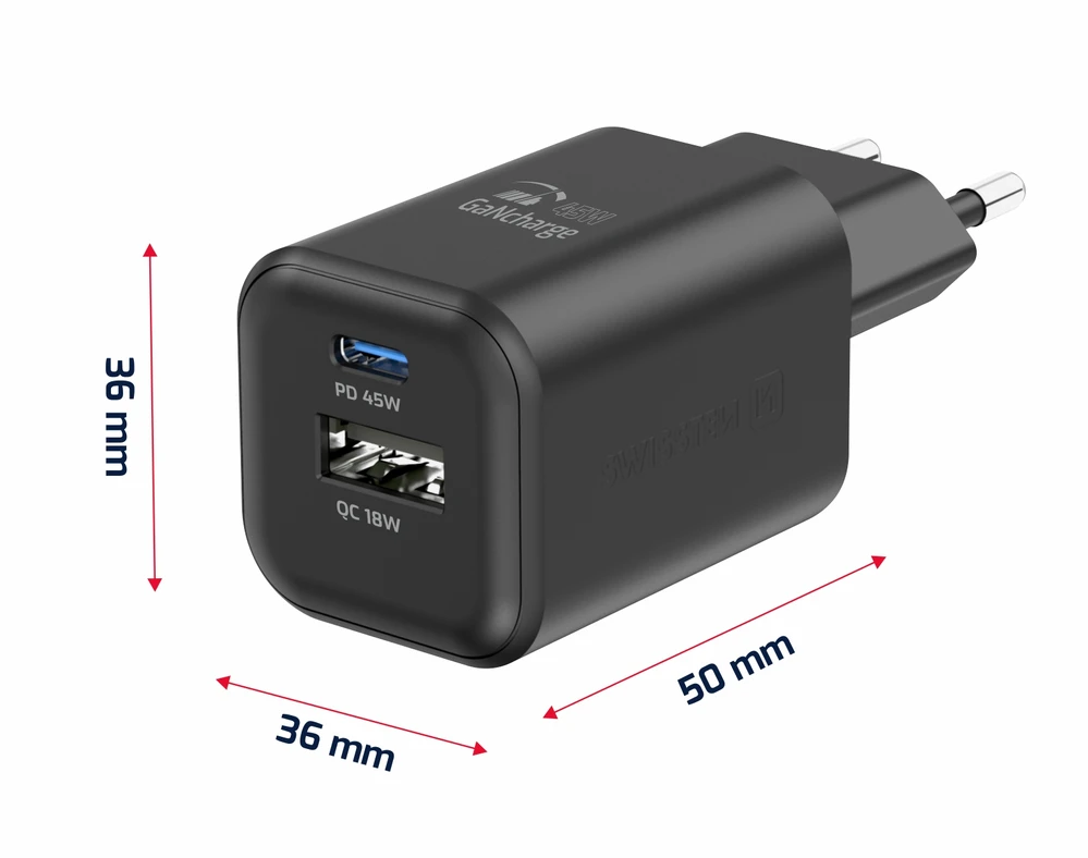 Swissten kelioninis įkroviklis GaN USB-C / PD USB-A / 18W QC / 45W
