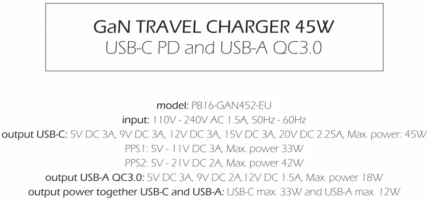 Swissten kelioninis įkroviklis GaN USB-C / PD USB-A / 18W QC / 45W