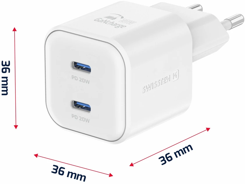 Swissten GaN PD 2x USB-C kelioninis įkroviklis 20W