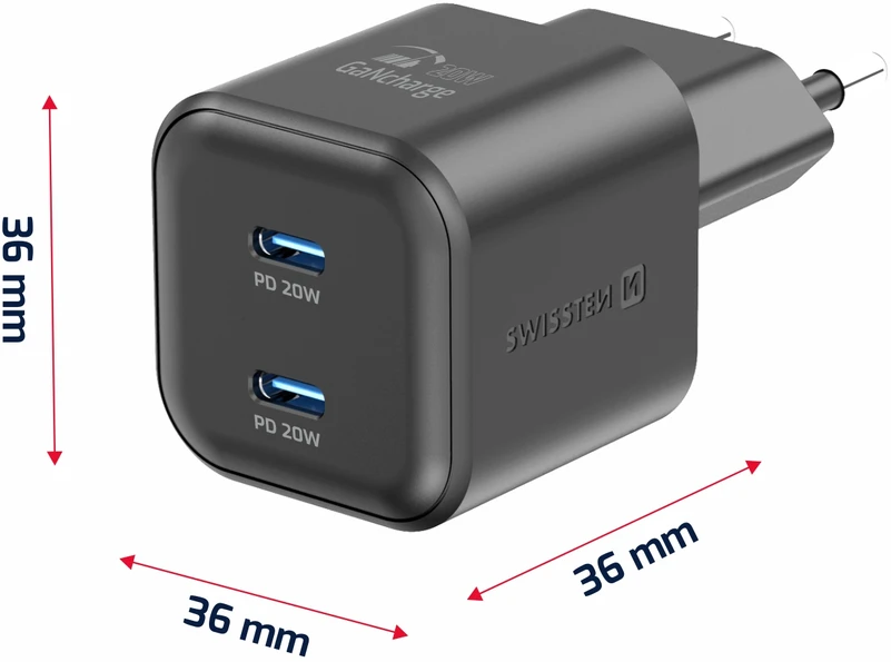 Swissten GaN PD 2x USB-C kelioninis įkroviklis 20W