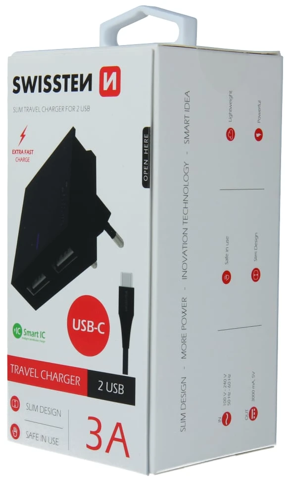 Phone Accessories Swissten Smart IC tinklo įkroviklio rinkinys 2xUSB 3A+Type C duomenų kabelis 1,2m, juodas