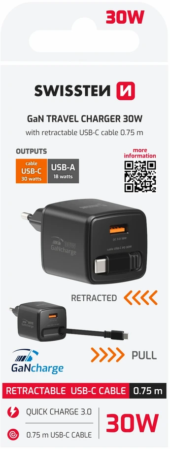 Įkroviklis Swissten SlideCHARGE GaN Adapteris sieciowy 1 USB-A 1 USB-C 30W