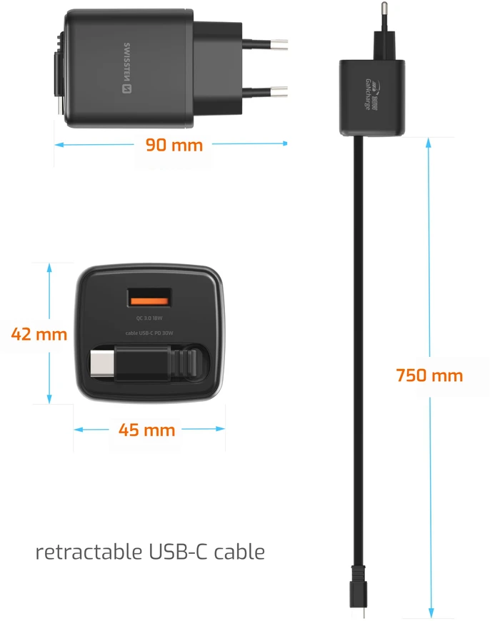 Įkroviklis Swissten SlideCHARGE GaN Adapteris sieciowy 1 USB-A 1 USB-C 30W