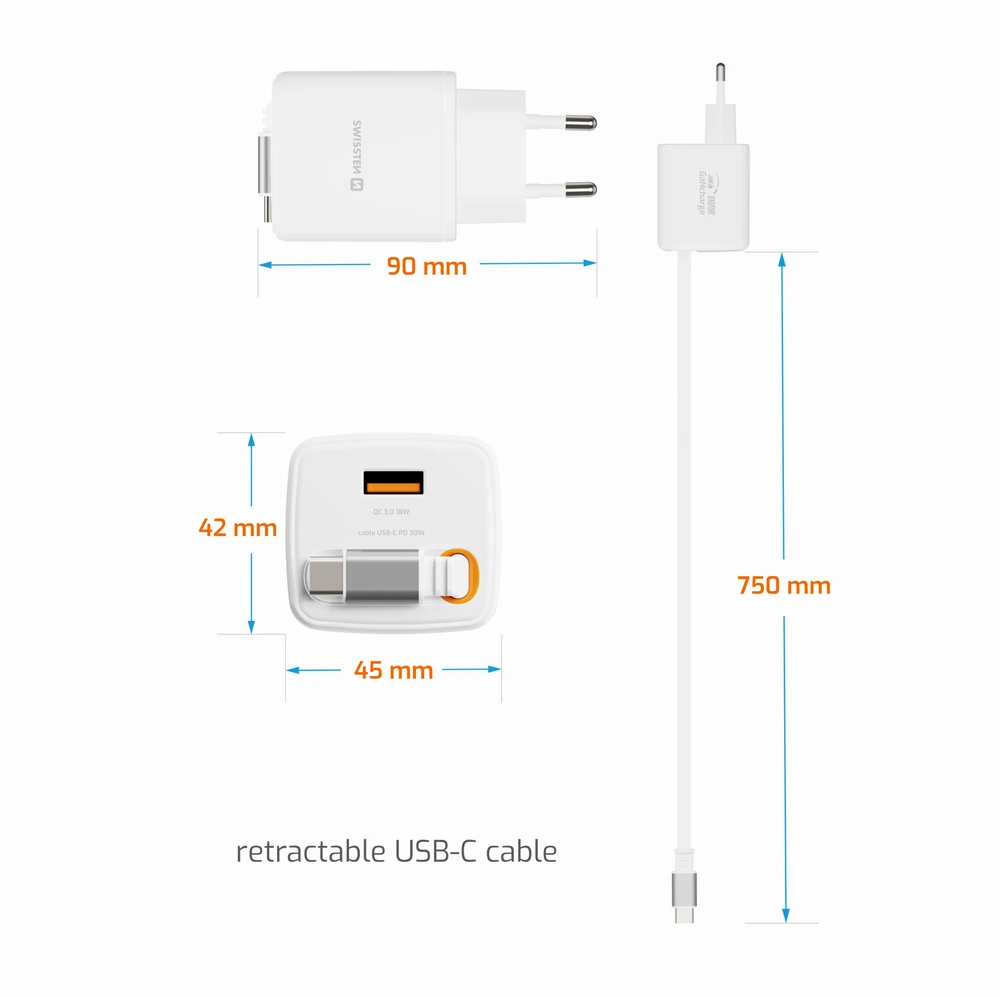 Įkroviklis Swissten SlideCHARGE maitinimo įkroviklis GaN 30W USB-A 18W su ištraukiamu USB-C laidu 0.75m baltas