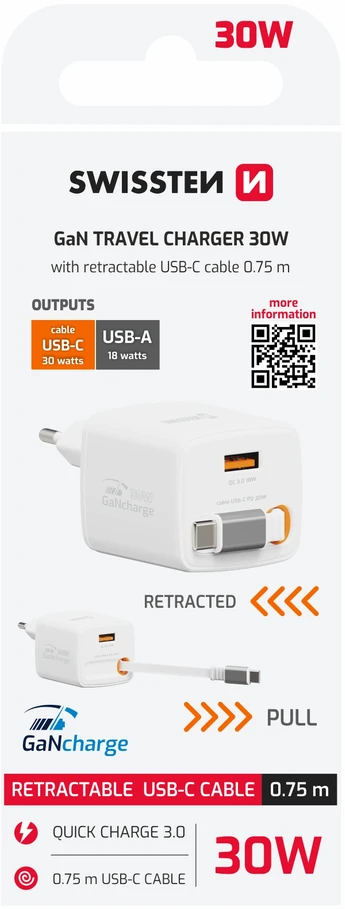 Įkroviklis Swissten SlideCHARGE maitinimo įkroviklis GaN 30W USB-A 18W su ištraukiamu USB-C laidu 0.75m baltas