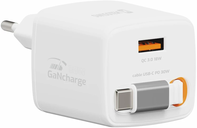 Įkroviklis Swissten SlideCHARGE maitinimo įkroviklis GaN 30W USB-A 18W su ištraukiamu USB-C laidu 0.75m baltas