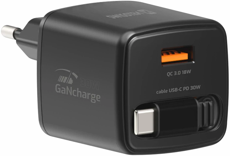 Įkroviklis Swissten SlideCHARGE GaN Adapteris sieciowy 1 USB-A 1 USB-C 30W