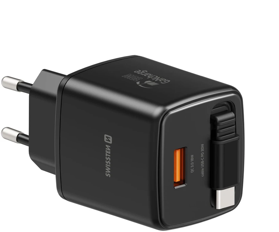 Įkroviklis Swissten SlideCHARGE GaN Adapteris sieciowy 1 USB-A 1 USB-C 30W