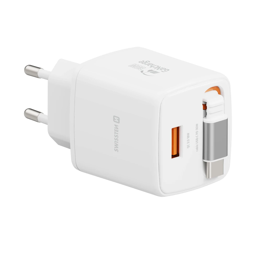 Įkroviklis Swissten SlideCHARGE maitinimo įkroviklis GaN 30W USB-A 18W su ištraukiamu USB-C laidu 0.75m baltas